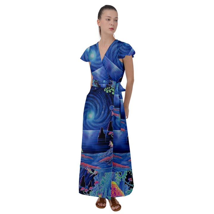 Psychedelic Mushrooms Psicodelia Dream Blue Flutter Sleeve Maxi Dress