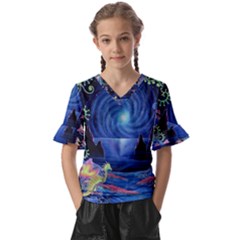 Psychedelic Mushrooms Psicodelia Dream Blue Kids  V-neck Horn Sleeve Blouse by Modalart