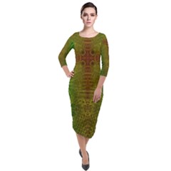 Psychedelic Screen Trippy Quarter Sleeve Midi Velour Bodycon Dress