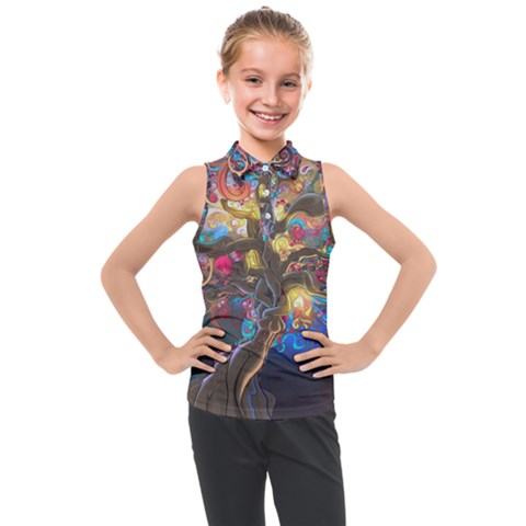 Psychedelic Tree Abstract Psicodelia Kids  Sleeveless Polo T-shirt by Modalart