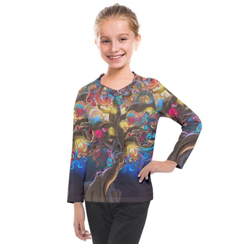 Psychedelic Tree Abstract Psicodelia Kids  Long Mesh T-shirt by Modalart