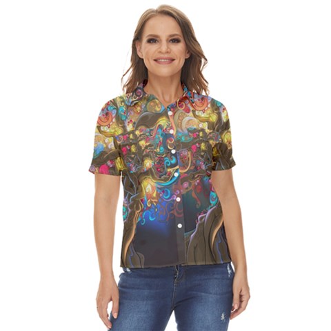 Psychedelic Tree Abstract Psicodelia Women s Short Sleeve Double Pocket Shirt by Modalart