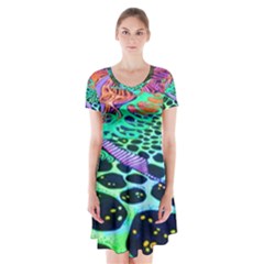 Psychedelic Blacklight Drawing Shapes Art Short Sleeve V-neck Flare Dress by Modalart