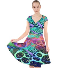 Psychedelic Blacklight Drawing Shapes Art Cap Sleeve Front Wrap Midi Dress by Modalart