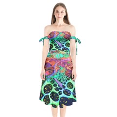 Psychedelic Blacklight Drawing Shapes Art Shoulder Tie Bardot Midi Dress by Modalart