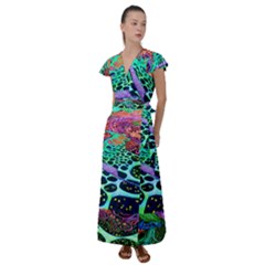 Psychedelic Blacklight Drawing Shapes Art Flutter Sleeve Maxi Dress by Modalart