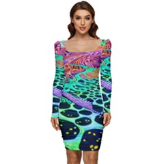 Psychedelic Blacklight Drawing Shapes Art Women Long Sleeve Ruched Stretch Jersey Dress