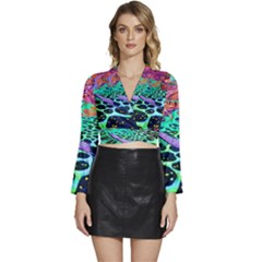 Psychedelic Blacklight Drawing Shapes Art Long Sleeve Tie Back Satin Wrap Top