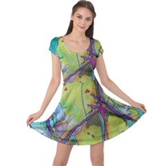 Green Peace Sign Psychedelic Trippy Cap Sleeve Dress by Modalart