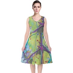 Green Peace Sign Psychedelic Trippy V-neck Midi Sleeveless Dress  by Modalart