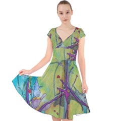 Green Peace Sign Psychedelic Trippy Cap Sleeve Front Wrap Midi Dress by Modalart