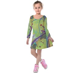 Green Peace Sign Psychedelic Trippy Kids  Long Sleeve Velvet Dress by Modalart