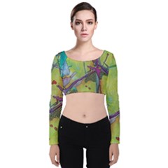 Green Peace Sign Psychedelic Trippy Velvet Long Sleeve Crop Top by Modalart