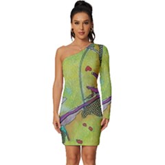 Green Peace Sign Psychedelic Trippy Long Sleeve One Shoulder Mini Dress