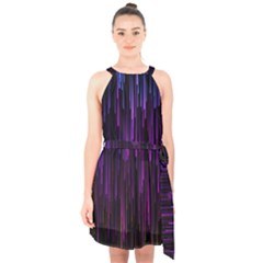 Stars Are Falling Electric Abstract Halter Collar Waist Tie Chiffon Dress by Modalart