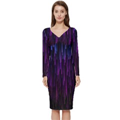 Stars Are Falling Electric Abstract Long Sleeve V-neck Bodycon Dress  by Modalart