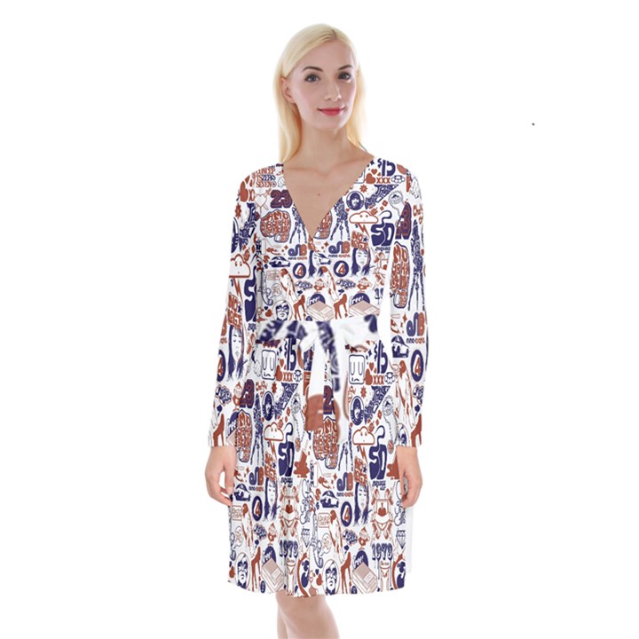 Artistic Psychedelic Doodle Long Sleeve Velvet Front Wrap Dress