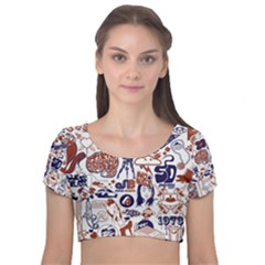 Artistic Psychedelic Doodle Velvet Short Sleeve Crop Top  by Modalart