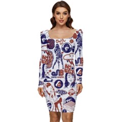 Artistic Psychedelic Doodle Women Long Sleeve Ruched Stretch Jersey Dress by Modalart