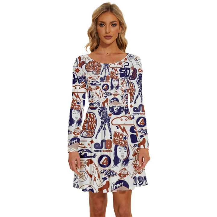 Artistic Psychedelic Doodle Long Sleeve Wide Neck Velvet Dress