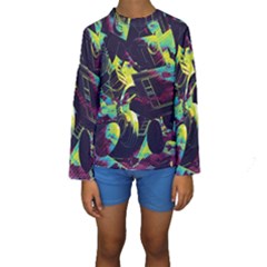 Artistic Psychedelic Abstract Kids  Long Sleeve Swimwear by Modalart