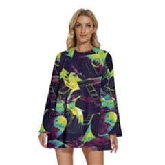 Artistic Psychedelic Abstract Round Neck Long Sleeve Bohemian Style Chiffon Mini Dress