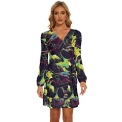 Artistic Psychedelic Abstract Long Sleeve Waist Tie Ruffle Velvet Dress by Modalart