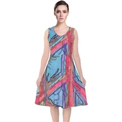 Hippie Peace Sign Psychedelic Trippy V-neck Midi Sleeveless Dress  by Modalart