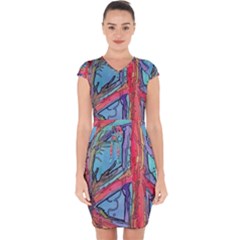 Hippie Peace Sign Psychedelic Trippy Capsleeve Drawstring Dress  by Modalart