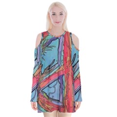 Hippie Peace Sign Psychedelic Trippy Velvet Long Sleeve Shoulder Cutout Dress by Modalart