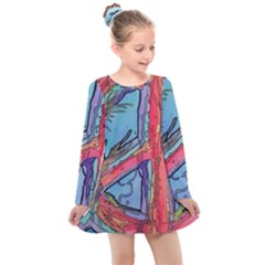 Hippie Peace Sign Psychedelic Trippy Kids  Long Sleeve Dress by Modalart