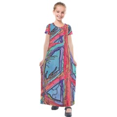 Hippie Peace Sign Psychedelic Trippy Kids  Short Sleeve Maxi Dress by Modalart