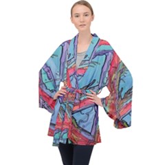 Hippie Peace Sign Psychedelic Trippy Long Sleeve Velvet Kimono  by Modalart