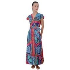 Hippie Peace Sign Psychedelic Trippy Flutter Sleeve Maxi Dress by Modalart