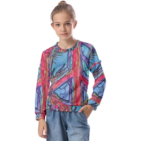 Hippie Peace Sign Psychedelic Trippy Kids  Long Sleeve T-shirt With Frill  by Modalart