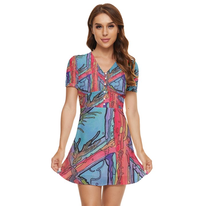 Hippie Peace Sign Psychedelic Trippy V-Neck High Waist Chiffon Mini Dress