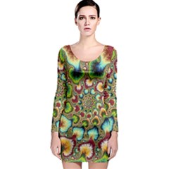 Colorful Psychedelic Fractal Trippy Long Sleeve Bodycon Dress by Modalart