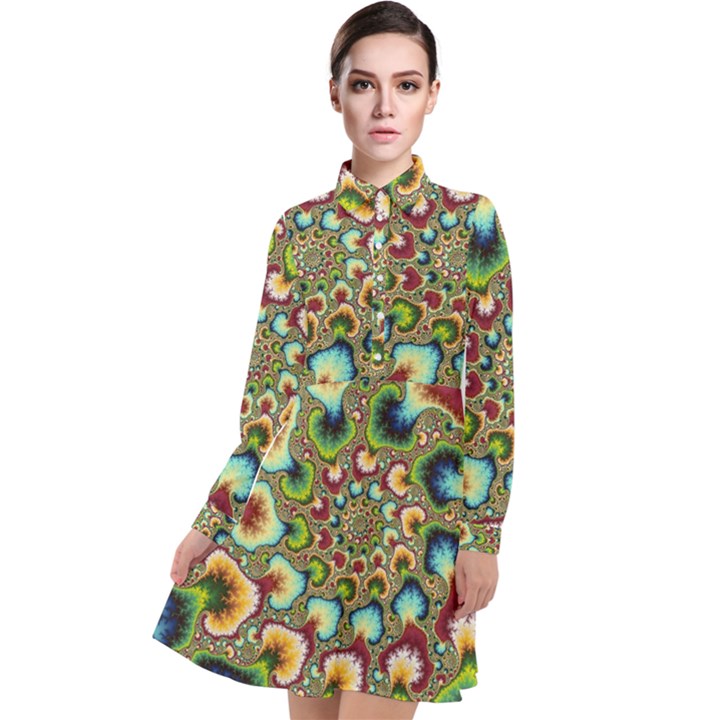 Colorful Psychedelic Fractal Trippy Long Sleeve Chiffon Shirt Dress