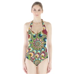 Colorful Psychedelic Fractal Trippy Halter Swimsuit by Modalart