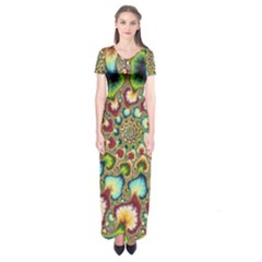 Colorful Psychedelic Fractal Trippy Short Sleeve Maxi Dress by Modalart