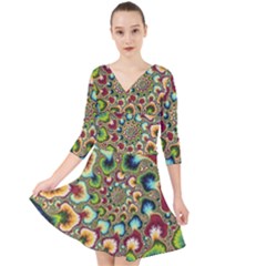 Colorful Psychedelic Fractal Trippy Quarter Sleeve Front Wrap Dress