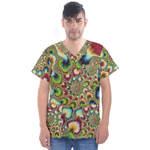 Colorful Psychedelic Fractal Trippy Men s V-neck Scrub Top by Modalart