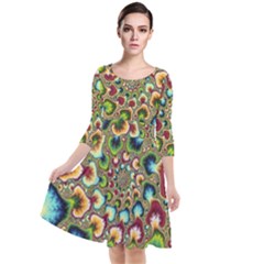 Colorful Psychedelic Fractal Trippy Quarter Sleeve Waist Band Dress by Modalart