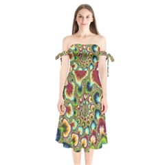 Colorful Psychedelic Fractal Trippy Shoulder Tie Bardot Midi Dress by Modalart