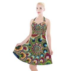 Colorful Psychedelic Fractal Trippy Halter Party Swing Dress  by Modalart