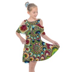 Colorful Psychedelic Fractal Trippy Kids  Shoulder Cutout Chiffon Dress by Modalart