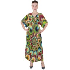 Colorful Psychedelic Fractal Trippy V-neck Boho Style Maxi Dress by Modalart