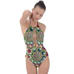 Colorful Psychedelic Fractal Trippy Plunge Cut Halter Swimsuit