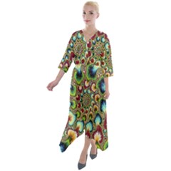 Colorful Psychedelic Fractal Trippy Quarter Sleeve Wrap Front Maxi Dress