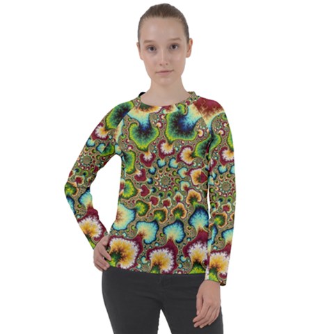 Colorful Psychedelic Fractal Trippy Women s Long Sleeve Raglan T-shirt by Modalart